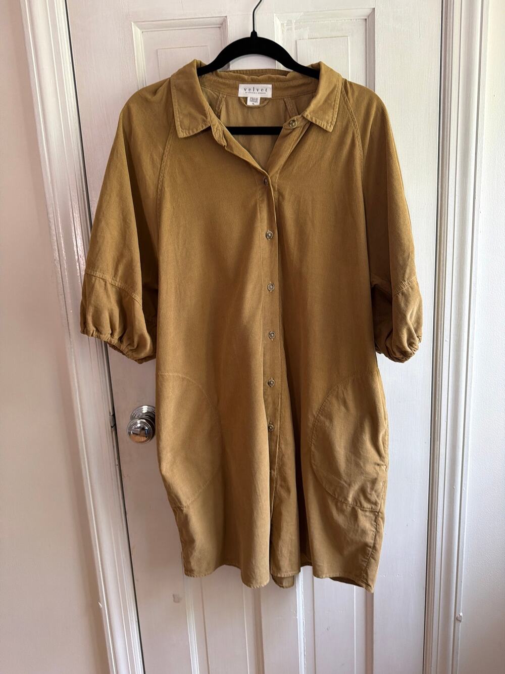 Velvet By Graham & Spencer Yellow Button Puff Sleeve Collar Dress